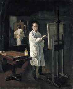 a painting of a man standing in front of an easel with his arm extended