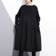 Babakud Solid Paneled Gathered Irregular Autumn Dress 2019 September New One Size Black Oversized Black Midi Dress For Daywear, Black Shift Midi Dress In Cotton, Oversized Black Cotton Dress, Black Cotton Midi Dress For Spring, Black Pleated Long-sleeve Dress, Black Cotton Midi Dress With Pockets, Spring Black Cotton Midi Dress, Black Pleated Long Sleeve Dress, Knee-length Pleated Black Midi Dress