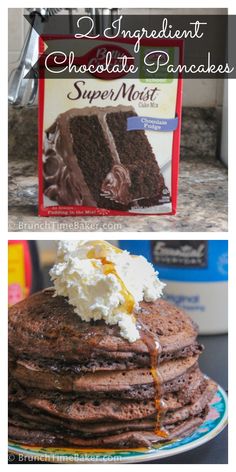 chocolate pancake with whipped cream on top and an image of the cake in front