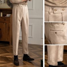 Introducing our Italy High Waist Trousers, a sartorial tribute to the timeless elegance of Old Money style. Tailored specifically for the sophisticated man, these trousers encapsulate an air of refined charm and stately sophistication. These trousers are meticulously crafted from premium, high-grade polyester - a fabric chosen for its durability and lightweight feel. Comfortable yet resilient, this material ensures these trousers maintain their tailored look throughout the day. With easy care an Luxury Elegant High-waisted Chinos, Formal Cotton High-waisted Chinos, Tailored Beige Formal Bottoms, Luxury High-waisted Men's Dress Pants, Luxury Beige High-waisted Pants, Estilo Old Money, Sophisticated Man, Black And Khaki, High Waist Trousers