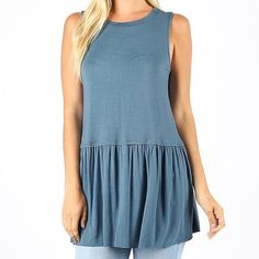 Ruffle Bottom Sleeveless Top Total Body Total Body Length: 30.5", Chest: 44" Approx. - Measured From 1x 93% Rayon 7% Spandex Machine Wash Imported Boutique Tops, Total Body, Sleeveless Top, Tunic Tops, Color Blue, Spandex, Womens Tops, Plus Size, Boutique