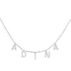 BLOCK NAME NECKLACE: Add a personal touch to your favorite outfit with Adina Eden's Block Name Necklace, featuring CZ-stone adorned upper-case block letter pendants of your choosing that sits easily on a delicate chain that finishes off this personalized name necklace . This eye-catching cute name necklace makes a perfect companion to a layered pendant necklace look that you can rock on your next day out with the girls. These silver name necklaces and gold name necklaces will finish off your loo Cute Name, Name Necklace Silver, Name Necklaces, Block Letters, Sparkle Necklace, Gold Name Necklace, Handmade Jewelry Gift, Rock On, Delicate Chain