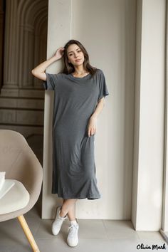 Olivia Mark - Loose-fit, Lightweight Short Sleeve Maxi Dress with Wide Hemline Casual Stretch Sleep Dresses, Casual Stretch Dresses For Sleep, Casual Longline Midi Dress With Relaxed Fit, Casual Knee-length Sleep Dress, Casual Gray Midi Dress For Daywear, Elegant Midi Dresses, Pajama Dress, Short Sleeve Maxi Dresses, Loose Fitting Dresses