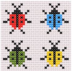 four cross stitch designs with different colors and shapes on white fabric, each showing the letter p