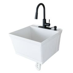 a white sink with a black faucet on the side