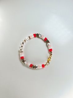 Trendy White Bracelets With Lobster Clasp, Red Letter Beads Bracelets For Everyday, Red Letter Beads Bracelet For Everyday, Red Everyday Bracelets With Letter Beads, Everyday Red Bracelets With Letter Beads, Heishi Bracelets, Clay Bead Bracelets, The Crown Jewels, Diy Bracelet Designs