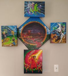 Oil paint on canvas.  I attached the canvases to each other.  I felt one canvas could not depict the apocalypse.