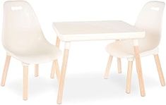 a white table and two chairs on a white background with one chair facing the other