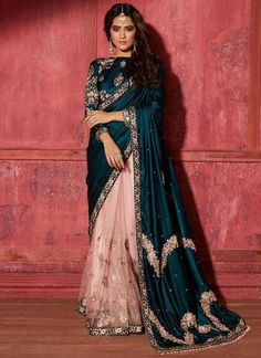 Sari Traditional Indian, Royal Look Indian Dress, Royal Saree Look For Wedding, India Sari Dress, Indian Sari Dress Modern, Indian Sari Dress Traditional, Indian Designer Sarees Wedding, Sari Colors, Teal Dress For Wedding