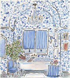 a drawing of a blue and white bathroom with chandelier hanging from the ceiling