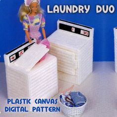 there is a doll that is standing in front of two laundry baskets and a washing machine