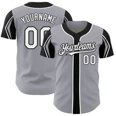 Custom Gray White-Black 3 Colors Arm Shapes Authentic Baseball Jersey Customizable Black Jersey For Fans, Varsity Baseball Jersey For Team Events With Sublimation Print, Varsity Baseball Jersey With Sublimation Print For Team Events, Black Baseball Jersey With Collar For Fans, Custom College Jersey For Baseball Season, Collegiate Baseball Jersey For Customization, Customizable Black Jersey For Team Spirit, Black Sublimation Baseball Collar Shirt For Sports Season, Collegiate Style Black Short Sleeve Baseball Jersey