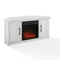 a white entertainment center with an electric fire in the fireplace and two doors on both sides