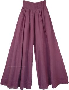 Wild Plum Wide Leg Cotton Palazzo Pants with Shirred Waist | Purple | Split-Skirts-Pants, Misses, Vacation, Beach, Solid Plum Pants, Cotton Palazzo Pants, Wild Plum, Burgundy Pants, Hippie Look, Scarf Shirt, Trendy Skirts, Casual Wide Leg Pants, Split Skirt