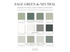 the sage green and neutral palette is shown in shades of grey, gray - green and neutral