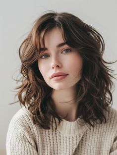 Lob With Side Parting, Medium Length Haircut For Thick Hair Bangs, 2025 Mid Length Hair, Mid Hair Layered Haircuts, Mid Length Wavy Hair Styles, Side Bangs Mid Length Hair, Wavy Long Bob With Bangs, Mid Length Layers With Curtain Bangs, Wavy Mid Length Hair With Bangs