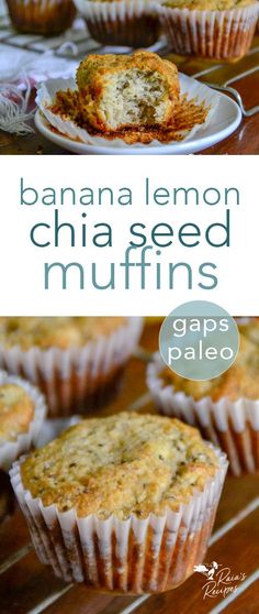 banana lemon chia seed muffins on a plate with the title above it