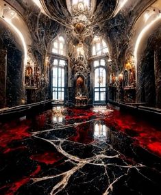 an elaborately decorated room with red and black marble floors, chandeliers and large windows