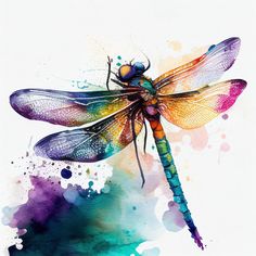 a colorful dragonfly sitting on top of a piece of watercolor paper in front of a white background