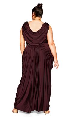 Gorgeous and glamorous, the oxblood Athena Goddess Maxi Dress is perfect for your next night out. This faux wrap dress comes with a flattering relaxed fit design and delicate draped detailing to the back and along its maxi length skirt. Not to mention the added customization of its removable twisted gold chain belt. Key Features Include: - Faux wrap V-neckline - Sleeveless design with draped details to back - Elasticated waistband with removable gold hardware belt - Pull-over style - Relaxed sil Greek Inspired Dress, Greek Goddess Dress, Goddess Maxi Dress, Gold Chain Belt, Conservative Outfits, Goddess Outfit, Plus Size Maxi Dress, Sukienki Plus Size, Dresses Date Night