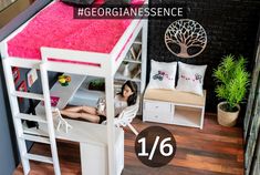 there is a doll house with a loft bed and desk in the room, as well as other furniture