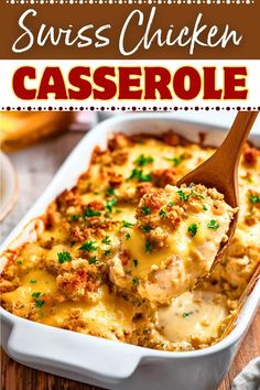 a casserole dish with chicken and cheese in it