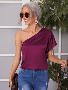 Maroon Sexy  Short Sleeve Satin Plain Top Embellished Non-Stretch Summer Women Tops, Blouses & Tee Women Blouses Fashion, Bohemian Tops, Gingham Tops, Plaid Tops, Crop Blouse, Women Tops