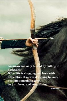 a woman holding a bow and arrow in front of a horse with a quote on it