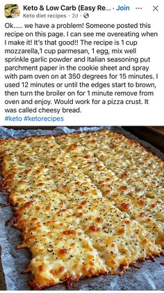 a large pizza sitting on top of a pan covered in cheese and toppings next to an instagram post