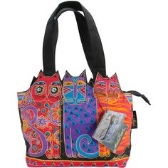 LAUREL BURCH-Medium Tote: Tres Gatos. The bright vivid colors and whimsical creatures that are the signature design of artist Laurel Burch adorn this canvas tote that is both a practical bag and a beautiful piece of art. This 8-1/2x12-1/2x3-1/2 inch Medium Tote features one main zippered compartment, one small zippered pocket inside, a removable bottom support panel, and two strap handles. Colors: orange, red, and purple. Imported. Color: One Color. Laurel Burch Art, Whimsical Creatures, Spotted Cat, Practical Bag, Red And Purple, Colors Orange, Laurel Burch, Medium Tote, Zipper Top