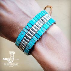 A handcrafted Woven Regalite Stacked Stone Bracelet featuring turquoise and silver stones Adjustable Bracelet, Timeless Elegance