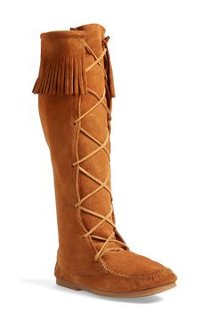 Rich fringe and old-school lacing add woodsy appeal to a knee-high boot done in supple suede. Leather upper and lining/rubber sole Imported Moccasin Boot Pattern, Fringe Boots Outfit, Native American Boots, Knee High Moccasins, Mens Tall Boots, Lace Knee High Boots, Mens Brown Boots, Brown Shoes Men, Boots Patterns