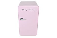 a pink refrigerator freezer sitting on top of a white floor