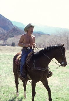 a shirtless man riding on the back of a brown horse in a grassy field