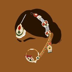 an illustration of a woman's head with jewelry on her neck and ear rings