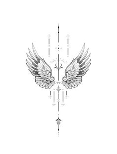 an artistic tattoo design with wings and cross on the left side of the image, in black and white