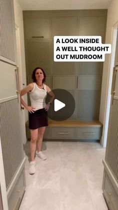 a woman standing in the middle of a hallway with her hands on her hips and text that reads, a look inside a well thought out mudroom