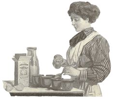 a drawing of a woman holding a coffee cup and pouring it into a mug on top of a table