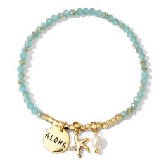 Get ready to channel your inner island vibes with this stretch bracelet adorned with starfish, pearl, and "Aloha" charms. Soak up the tropical energy and get lost in your daydreams of Hawaii. Stretch Bracelet 18k Gold Plated Brass Base Glass Crystals Fresh Water Pearl Hawaii Jewelry, Island Vibes, Linen Casual, Fresh Water Pearl, Stretch Bracelet, Earring Gifts, Stretch Bracelets, Ring Necklace, Starfish