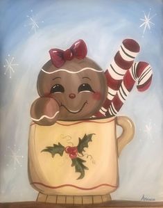 a painting of a teddy bear sitting in a cup with holly and stockings on it