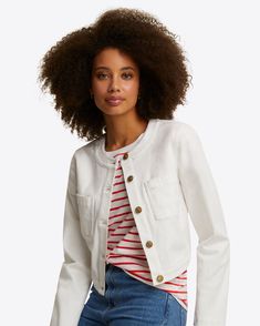 Collarless Jacket in White Denim White Button-up Denim Jacket For Day Out, Trendy Cotton Outerwear For Casual Wear, Trendy Cotton Outerwear For Casual Gatherings, White Cotton Summer Outerwear, White Denim Casual Tops, Casual Cotton Denim Jacket For Day Out, White Relaxed Fit Outerwear, White Denim Tops For Fall, Relaxed Fit White Outerwear For Day Out