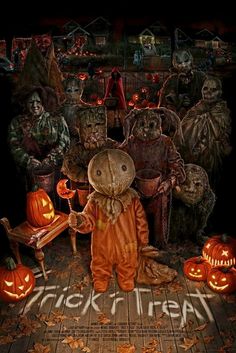 a group of people dressed up in halloween costumes with pumpkins and jack - o'- lanterns