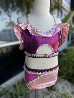 a mannequin wearing a purple and pink dress with beading on it's chest