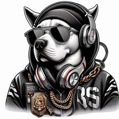 a dog wearing headphones and sunglasses with a camera in his lap, on top of a white background