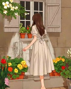 a girl in a white dress is looking out the window with potted plants and flowers