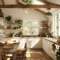 a kitchen filled with lots of wooden furniture