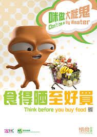 an advertisement with a cartoon character holding a shopping cart full of food