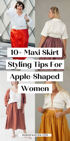 Maximize your style with our expert tips for wearing maxi skirts that flatter apple-shaped figures. From selecting the right fit to pairing with the perfect top, these looks will keep you stylish and comfortable. Check out the tips and save for chic summer outfits! maxi skirt outfit | maxi skirt | maxi skirt outfit ideas | maxi skirt ideas | apple body shape outfits | apple body shape clothes | apple body shape | apple body type | apple body shape fashion | apple body shape dresses | maxi skirt for women Skirt For Apple Shape Body Types, Apple Shape Outfits Summer, Apple Body Shape Dresses, Outfits For Apple Shaped Women, Maxi Skirt Ideas, Long Maxi Skirt Outfits