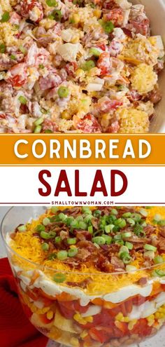 cornbread salad in a bowl with the words cornbread salad above it and below