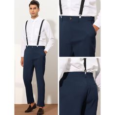 Suitable for business, party, formal meeting, work, or at home among family and friends. Suspender cropped pants can be paired with T-shirts, white formal shirts, suit vests, leather shoes, etc. Whether you're going to work, casual every day, or attending a special event, these pants are the choice for a stylish look. Blue Tapered Leg Semi-formal Pants, Clip On Suspenders Men, Slim Fit Blue Ankle-length Dress Pants, Deep Nlue Dress Pants For Men, Business Party, Suspender Pants, T Shirts White, Crop Dress, Shipt Shopper